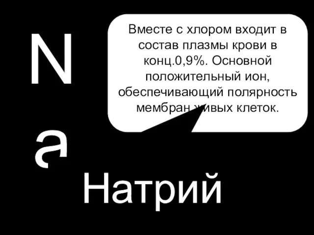 H P Na Натрий Вместе с хлором входит в состав плазмы крови