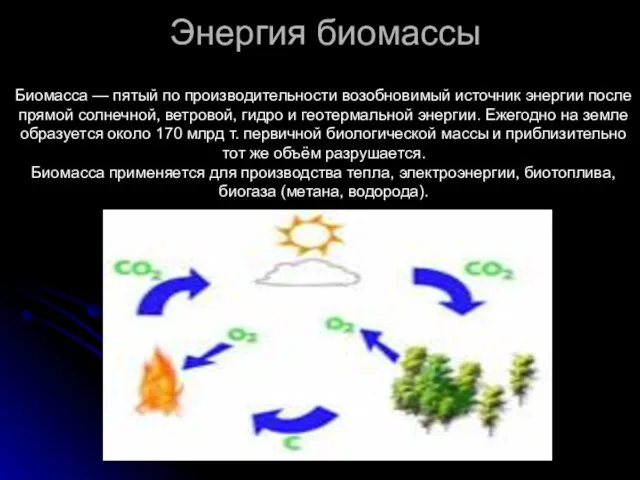 Энергия биомассы Биомасса — пятый по производительности возобновимый источник энергии после прямой