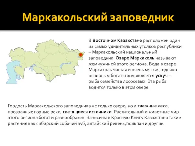 Маркакольский заповедник В Восточном Казахстане расположен один из самых удивительных уголков республики