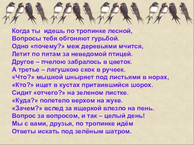 Когда ты идешь по тропинке лесной, Вопросы тебя обгоняют гурьбой. Одно «почему?»