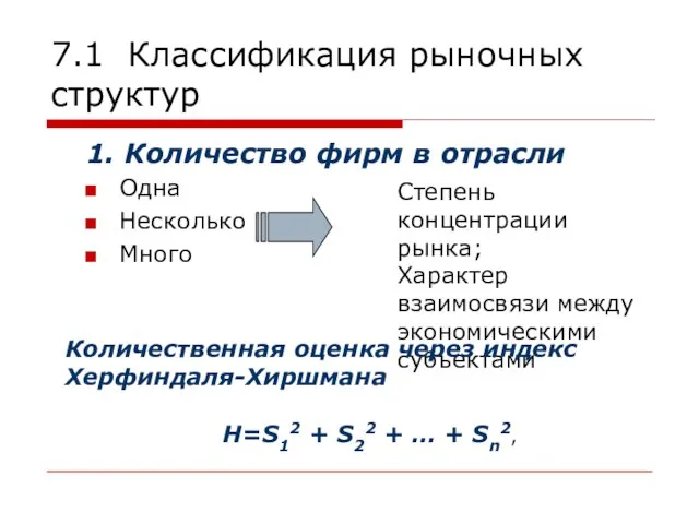 7.1 Классификация рыночных структур 1. Количество фирм в отрасли Одна Несколько Много