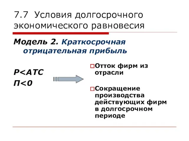 7.7 Условия долгосрочного экономического равновесия Модель 2. Краткосрочная отрицательная прибыль Р П