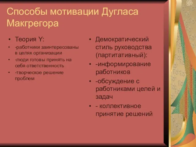 Способы мотивации Дугласа Макгрегора Теория Y: -работники заинтересованы в целях организации -люди