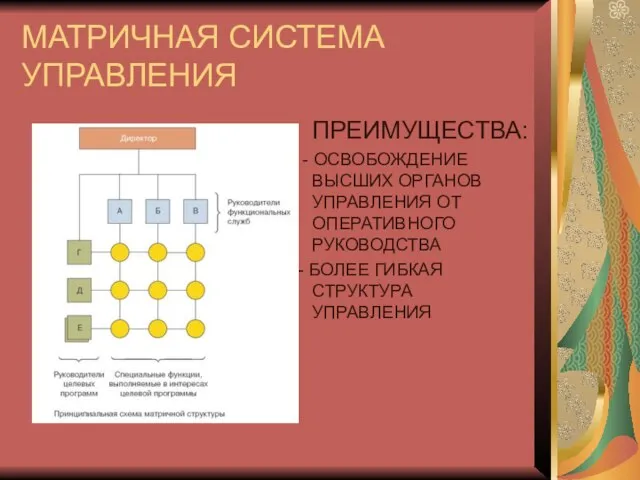 МАТРИЧНАЯ СИСТЕМА УПРАВЛЕНИЯ ПРЕИМУЩЕСТВА: - ОСВОБОЖДЕНИЕ ВЫСШИХ ОРГАНОВ УПРАВЛЕНИЯ ОТ ОПЕРАТИВНОГО РУКОВОДСТВА