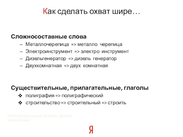 Как сделать охват шире… Сложносоставные слова Металлочерепица => металло черепица Электроинструмент =>