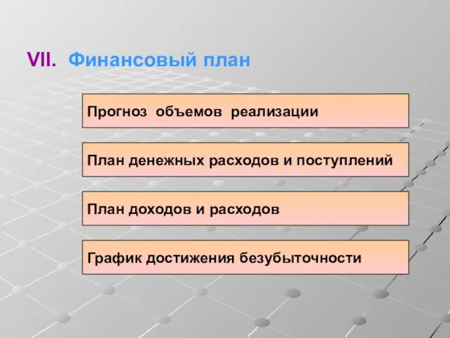 VII. Финансовый план Прогноз объемов реализации План денежных расходов и поступлений План