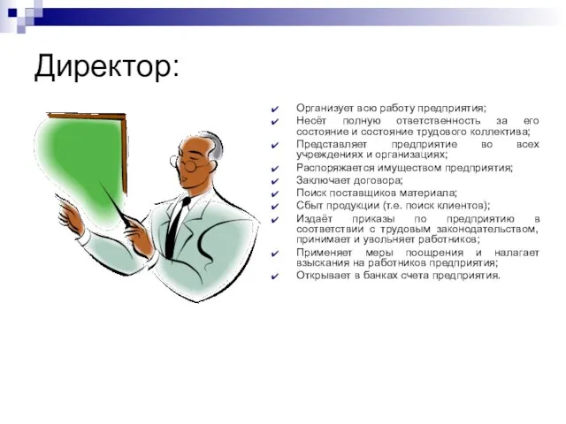 Директор: Организует всю работу предприятия; Несёт полную ответственность за его состояние и