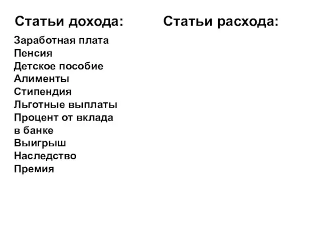 Статьи дохода: Статьи расхода: Заработная плата Пенсия Детское пособие Алименты Стипендия Льготные