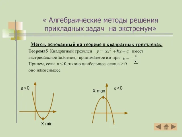 Метод, основанный на теореме о квадратных трехчленах. Теорема5 Квадратный трехчлен имеет экстремальное