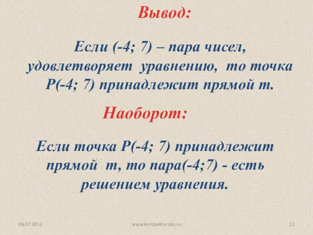 06.07.2012 www.konspekturoka.ru Вывод: Если (-4; 7) – пара чисел, удовлетворяет уравнению, то