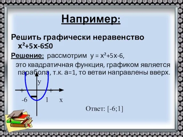 Например: Решить графически неравенство х²+5х-6≤0 Решение: рассмотрим у = х²+5х-6, это квадратичная