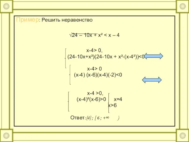 Пример: Решить неравенство √24 – 10x + x² x-4> 0, (24-10x+x²)(24-10x +