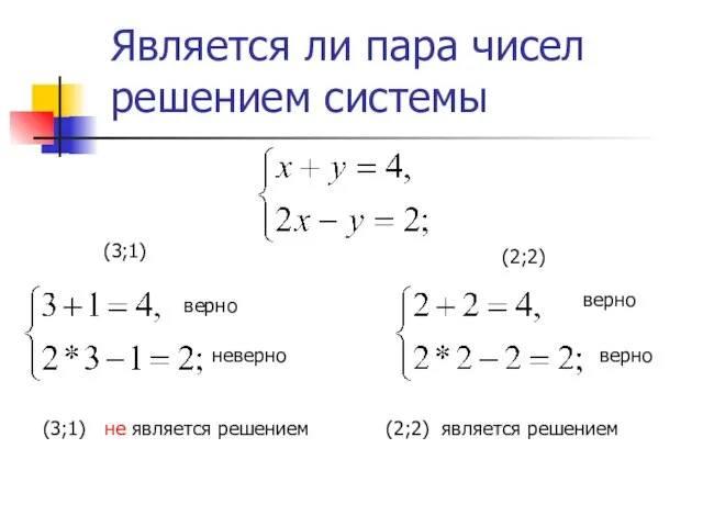 Является ли пара чисел решением системы (3;1) (2;2) верно неверно верно верно
