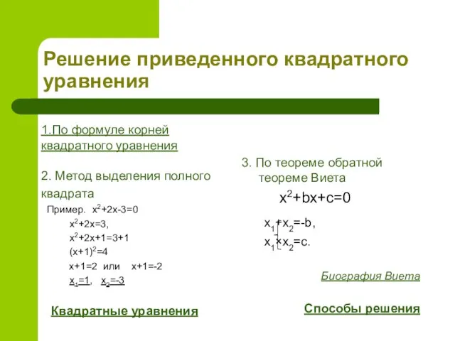 Решение приведенного квадратного уравнения 1.По формуле корней квадратного уравнения 2. Метод выделения