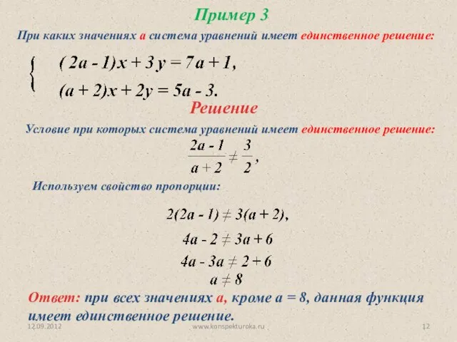 12.09.2012 www.konspekturoka.ru Пример 3 При каких значениях а система уравнений имеет единственное