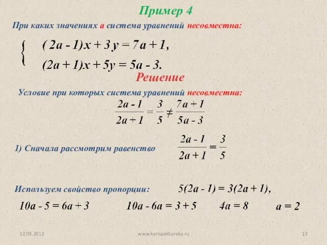 12.09.2012 www.konspekturoka.ru Пример 4 При каких значениях а система уравнений несовместна: Решение