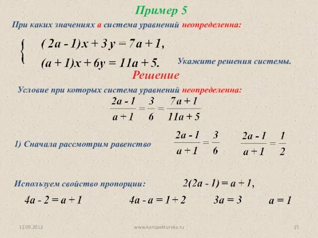 12.09.2012 www.konspekturoka.ru Пример 5 При каких значениях а система уравнений неопределенна: Решение
