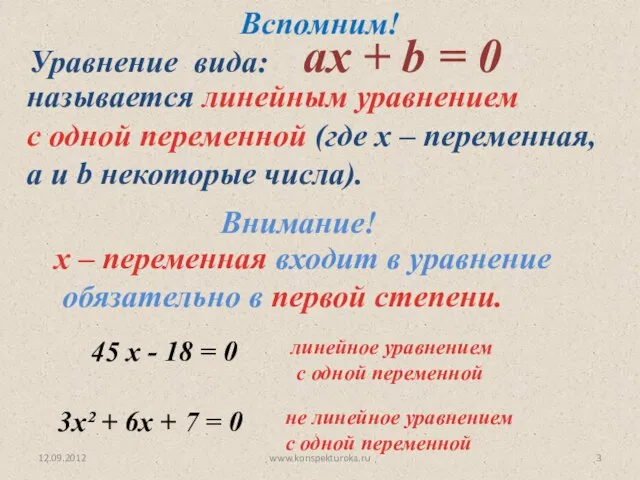 12.09.2012 www.konspekturoka.ru Уравнение вида: aх + b = 0 называется линейным уравнением