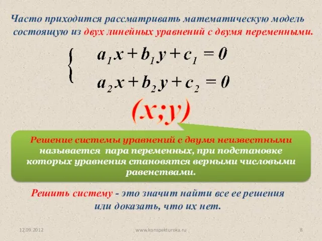 12.09.2012 www.konspekturoka.ru Часто приходится рассматривать математическую модель состоящую из двух линейных уравнений