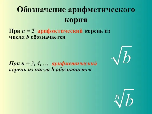 Обозначение арифметического корня При n = 2 арифметический корень из числа b