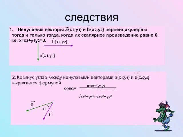 следствия Ненулевые векторы а{x1;y1} и b{x2;y2} перпендикулярны тогда и только тогда, когда