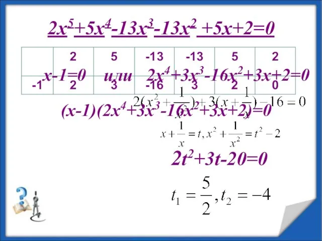 2x5+5x4-13x3-13x2 +5x+2=0 (x-1)(2x4+3x3-16x2+3x+2)=0 x-1=0 или 2x4+3x3-16x2+3x+2=0 2t2+3t-20=0