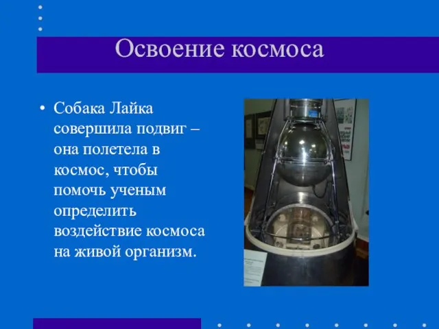 Освоение космоса Собака Лайка совершила подвиг – она полетела в космос, чтобы