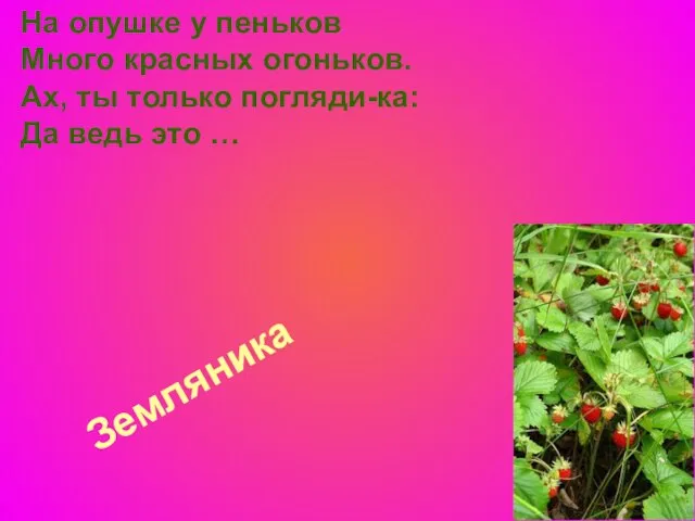 Земляника На опушке у пеньков Много красных огоньков. Ах, ты только погляди-ка: Да ведь это …