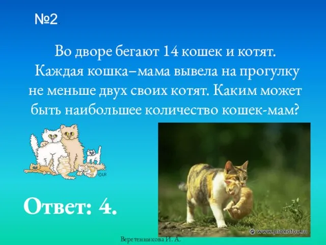 №2. Во дворе бегают 14 кошек и котят. Каждая кошка–мама вывела на