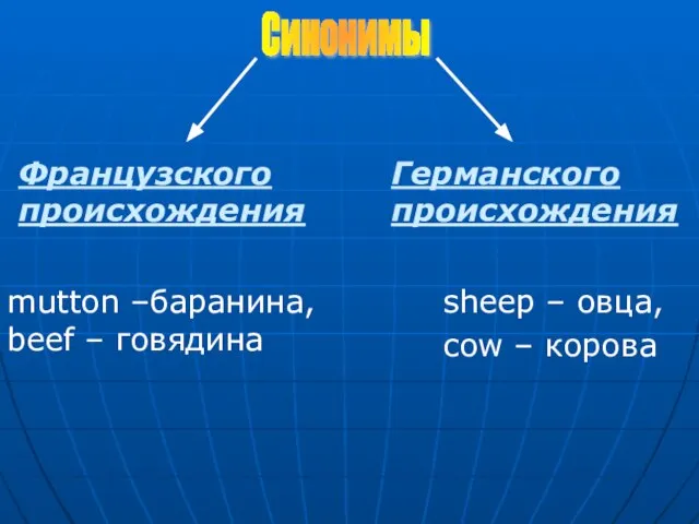 sheep – овца, cow – корова mutton –баранина, beef – говядина Германского происхождения Французского происхождения Синонимы