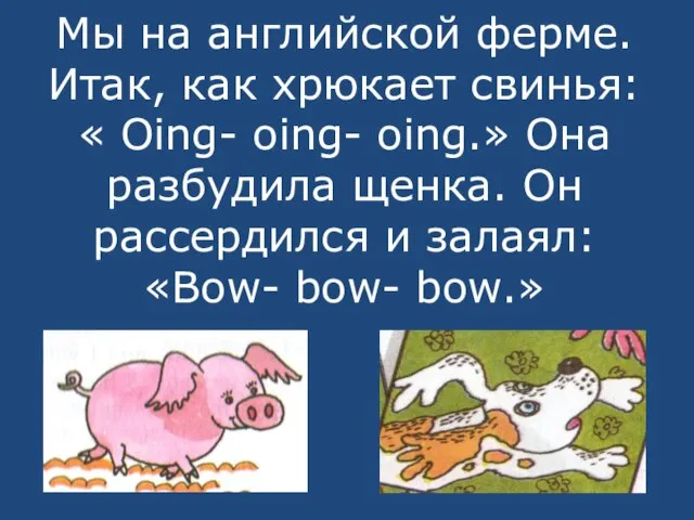 Мы на английской ферме. Итак, как хрюкает свинья: « Oing- oing- oing.»