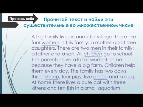 Прочитай текст и найди эти существительные во множественном числе A big family