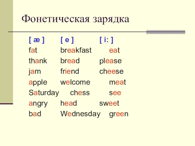 Фонетическая зарядка [ æ ] [ e ] [ i: ] fat