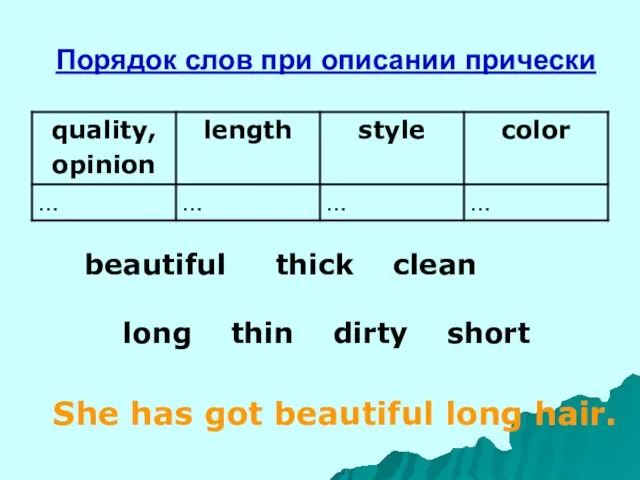 Порядок слов при описании прически beautiful thick clean long thin dirty short