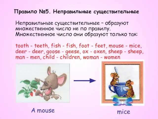Правило №5. Неправильные существительные Неправильные существительные – образуют множественное число не по