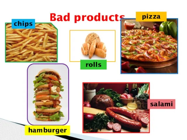 Bad products hamburger pizza salami rolls chips