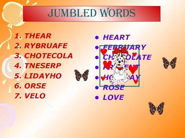 JUMBLED WORDS HEART FEBRUARY CHOCOLATE PRESENT HOLIDAY ROSE LOVE