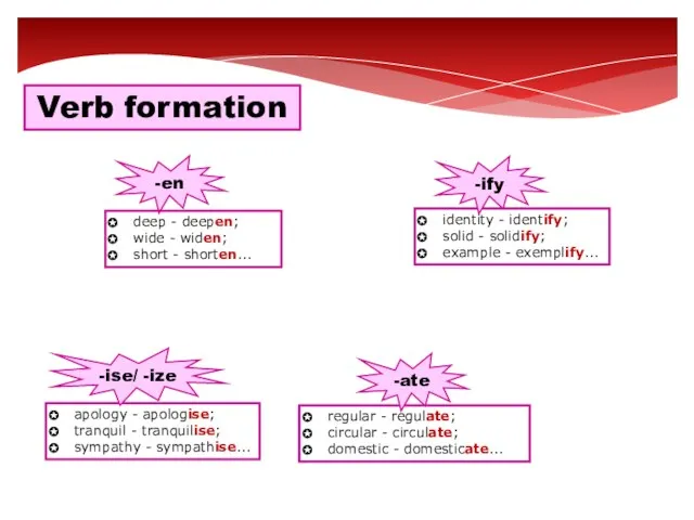 Verb formation -en identity - identify; solid - solidify; example - exemplify...