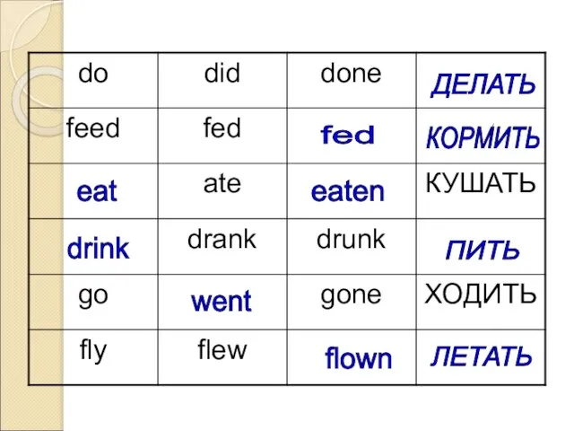 ДЕЛАТЬ ПИТЬ ЛЕТАТЬ КОРМИТЬ fed eat eaten drink went flown