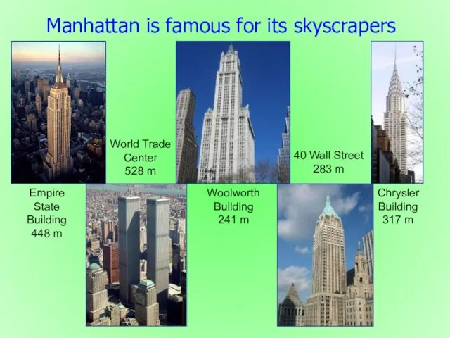 Manhattan is famous for its skyscrapers Empire State Building 448 m World