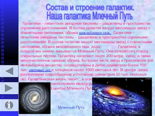 Состав и строение галактик. Наша галактика Млечный Путь Галактики – гигантские звёздные