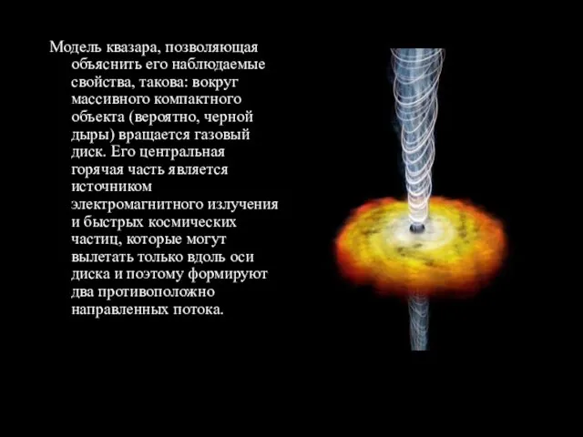 Модель квазара, позволяющая объяснить его наблюдаемые свойства, такова: вокруг массивного компактного объекта