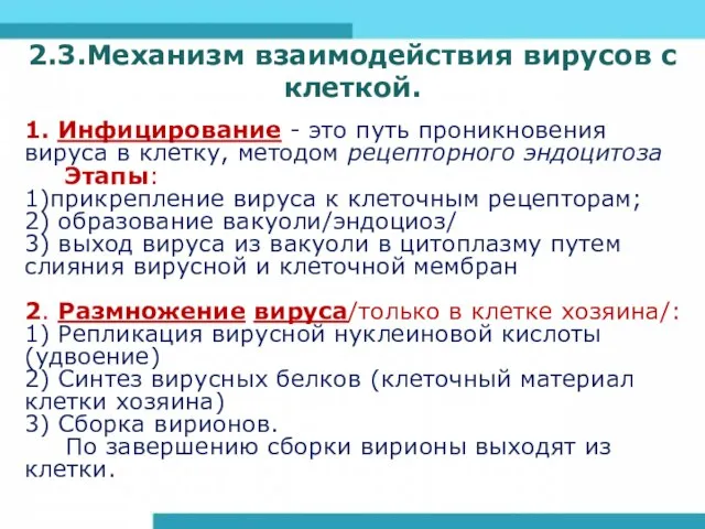 2.3.Механизм взаимодействия вирусов с клеткой. 1. Инфицирование - это путь проникновения вируса