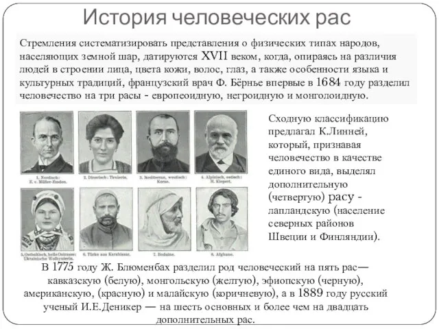 Стремления систематизировать представления о физических типах народов, населяющих земной шар, датируются XVII