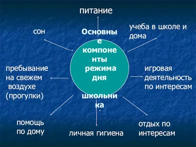 Основные компоненты режима дня школьника сон пребывание на свежем воздухе (прогулки) учеба