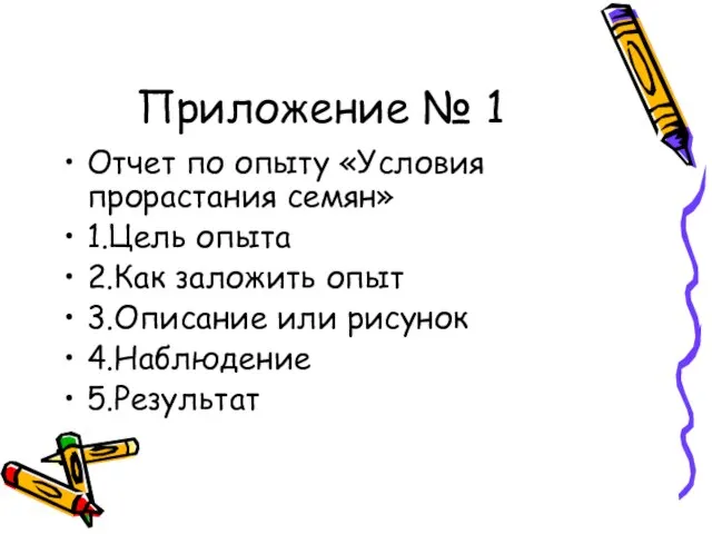 Приложение № 1 Отчет по опыту «Условия прорастания семян» 1.Цель опыта 2.Как