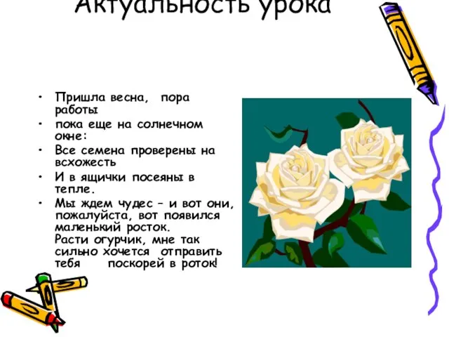 Актуальность урока Пришла весна, пора работы пока еще на солнечном окне: Все