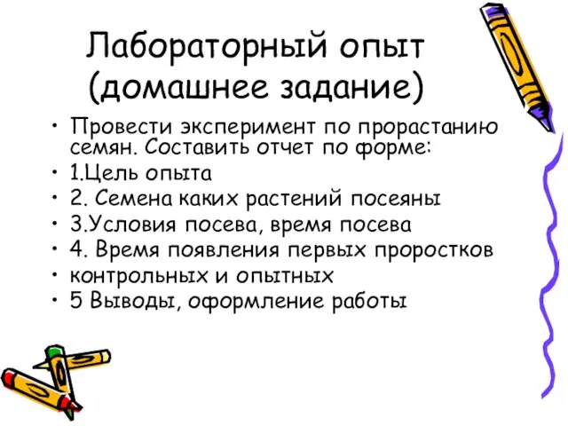 Лабораторный опыт (домашнее задание) Провести эксперимент по прорастанию семян. Составить отчет по