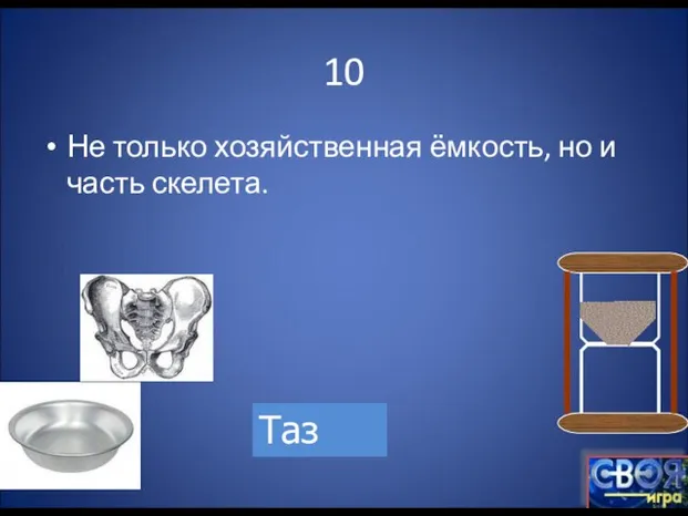 10 Не только хозяйственная ёмкость, но и часть скелета. Таз