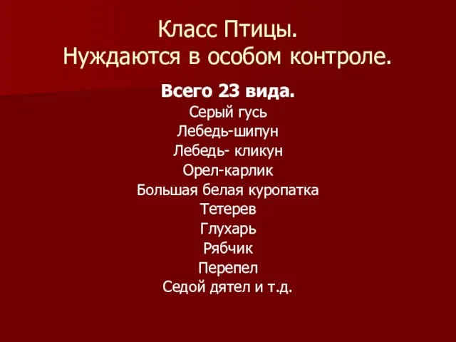 Класс Птицы. Нуждаются в особом контроле. Всего 23 вида. Серый гусь Лебедь-шипун